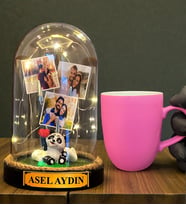 Size Özel Tasarım Led Işıklı Fanus ve Pembe Kupa Bardak Hediye Seti (Model 4)