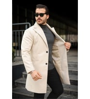Slim Fit Astarlı Uzun Kaşe Kaban (Krem)