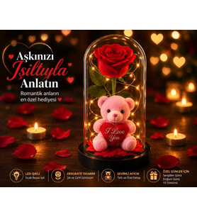 LED Işıklı Fanusta Yapay Gül ve Lüks Peluş Ayıcık Dekoratif Romantik Sevgililer Günü Hediyesi 20 cm