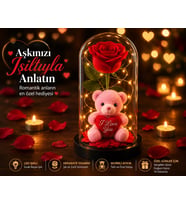 LED Işıklı Fanusta Yapay Gül ve Lüks Peluş Ayıcık Dekoratif Romantik Sevgililer Günü Hediyesi 20 cm