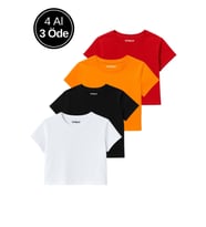 Kadın 4'lü Paket Oversize Crop Tişört %100 Pamuk Bisiklet Yaka T-Shirt