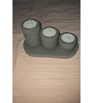 3’lü Beton Efektli Kokulu Mum Seti + Oval Dekor Tepsi  El Yapımı Aromaterapi Mum
