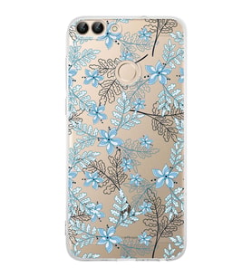 PrintiFy Huawei PSmart (2018) Uyumlu Kamera Korumalı Floral Mavi Tasarımlı Şeffaf Kılıf