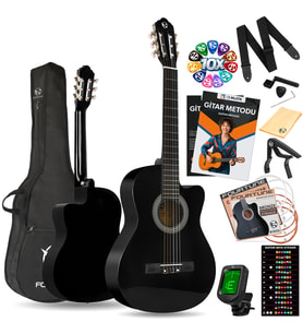 Fourtune Luca CW-200BK Kesik Kasa Siyah Klasik Gitar Seti 4/4 Sap Ayarlı (Cutaway)