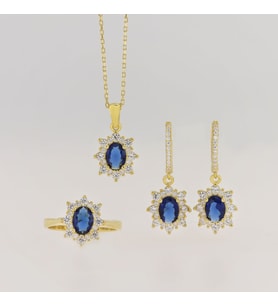 925 Ayar Gümüş Oval Safir Taşlı Gold Anturaj Gümüş Set