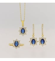925 Ayar Gümüş Oval Safir Taşlı Gold Anturaj Gümüş Set