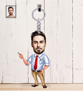 Kişiye Özel Öğretmen Karikatürlü  Ahşap Anahtarlık Bay-16