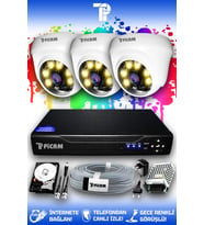 PICAM 3 Kameralı Dome 3 İç Kamera Set 500 GB HDD Full HD Renkli Gece Görüşlü Güvenlik Kamerası Sistemi