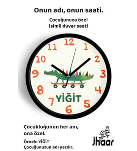 İsme Özel Kaykaylı Sevimli Timsah Çocuk Odası Duvar Saati Orta Boy 30 cm Siyah Camlı Sessiz