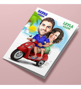 Kişiye Özel Scooter Süren Çiftler Karikatürlü Tebrik Kartı