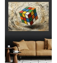 Sanatsal Arka Planda Rubik Küpü Dekoratif Kanvas - Mdf Ahşap Tablo