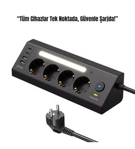 4’lü Akım Korumalı Priz  2 USB-C + 2 USB-A Çıkış  LED Işıklı Şarj Ünitesi  2 Metre Kablo – Hızlı ve Güvenli Şarj