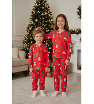 Çocuk Unisex Yılbaşı Desenli Pijama Takımı Kız Erkek Yeşil & Kırmızı 2’li Alt Üst Takım Ak3501