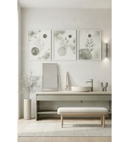 Yeşil Tonlarda Soyut Bitki ve Geometrik Desenli Modern 3’lü Ahşap Çerçeveli Tablo Seti