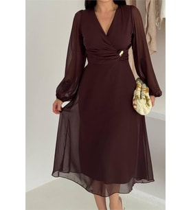 Neşeli butik kadın bel toka detaylı astarlı şifon elbise NBK4329 (Kahverengi)
