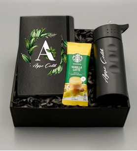 Kişiye Özel Siyah Çelik Su Matarası & Siyah Defter & Vanilla Latte Hediye Seti