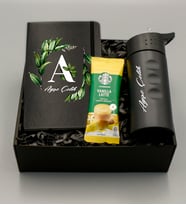 Kişiye Özel Siyah Çelik Su Matarası & Siyah Defter & Vanilla Latte Hediye Seti