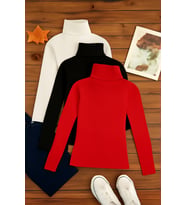 3'lü Paket Kadın Basic Tam Balıkçı Yaka Kazak (Siyah-Kırmızı)