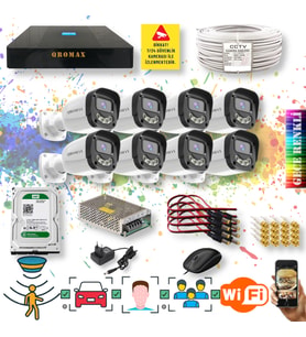 8 Kameralı Set - Yapay Zeka Özellikli Gece Renkli Gösteren 5MP SONY Lensli 4 Ultra Warm Ledli FULLHD Güvenlik Kamerası Seti 2304W-9008