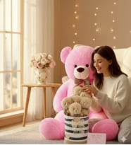 Premium 90 cm Peluş Ayı ve Silindir Kraft Kalpli Kutuda, Kalpli Balonlu 6’lı BOZ Ayıcık Buketi (Fuşya)