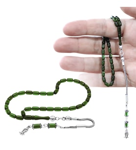 Ateş Kehribar Tesbih - 925 Ayar Gümüş Püsküllü - Mini Boy - Yeşil Renk - Kapsül Kesim