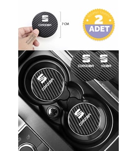 Seat Cordoba Siyah Karbon 7 cm Bardak Altlığı Seat Yazılı Cordoba Logolu 2 Adet Dayanıklı Şık Tasarım