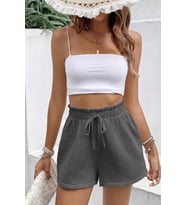 Ghassy Co. Kadın %100 Cotton Müslin Tatil Ev İçi/Dışı Kullanım Cepsiz Beli Bağcıklı Şort (Füme)