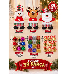 Yeni Yıla Özel 39 Parça Yılbaşı Ağacı Süs Seti Noel Peluşları ve Yılbaşı Aksesuarları Süsleme Seti