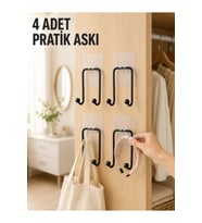 4 Adet Yapışkanlı Duvar Askısı Çok Amaçlı Askılık Seti