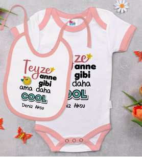 BK Kids Kişiye Özel Teyze Anne Gibi Tasarımlı Pembe Bebek Body Zıbın ve Mama Önlüğü Hediye Seti