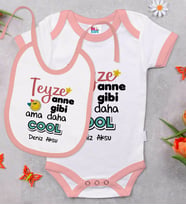 BK Kids Kişiye Özel Teyze Anne Gibi Tasarımlı Pembe Bebek Body Zıbın ve Mama Önlüğü Hediye Seti