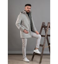 SİR KAPŞONLU FERMUAR KAPAMALI REGULAR FİT ERKEK KAŞE KABAN (Gri)