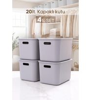 4 Adet Gri Dolap Düzenleyici 20 Lt Kapaklı Saklama Kutusu Sepet Oyuncak Kutusu Organizer