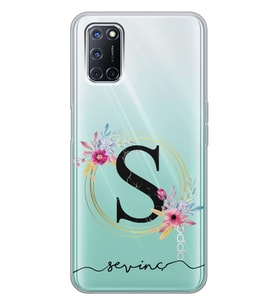Oppo Mavi Çiçekli Harf Tasarımlı Şeffaf Telefon Kılıfı