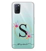 Oppo Mavi Çiçekli Harf Tasarımlı Şeffaf Telefon Kılıfı