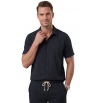 DeepSEA Lacivert Slim Fit Çizgi Dokulu Keten Görünümlü Kısa Kol Erkek Spor Gömlek 2602648