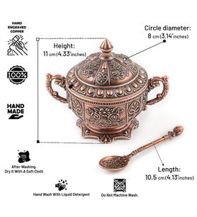 DMT COPPER HOME Gaziantep Bakır Zamak Şekerlik Kase yükseklik 11 cm Genişlik 13 cm&(KAŞIK DAHİL)