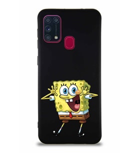 Samsung Galaxy M31 Soft Premier Kapak Sünger Bob Tasarımlı Silikon Kılıf - Siyah (Şeffaf)