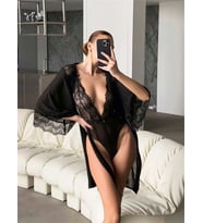 Amora Secret Şık Tasarım Siyah Dantel İşlemeli Body Suit Ve Tül Gecelik Takımı