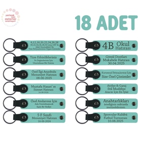 Öğrencilerine Teşekkür Etmek İsteyen Öğretmen İçin, 18’li Set, Kişiye Özel Deri Anahtarlık, Turkuaz