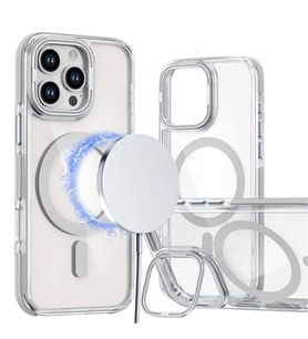 Coverzone iPhone 16 ile uyumlu Metal Standl? ?effaf Magsefe ile uyumlu ?arj �zellikli Renkli ve ??k Tasar?ml? Dalliance Transparent TPU Arka Kapak Grey