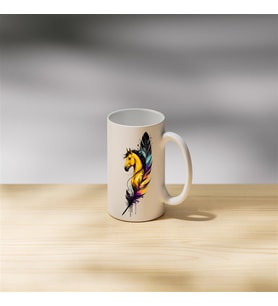 Renkli Tüy Ve At Figürü Çift Taraflı Baskılı Porselen Kupa Bardak