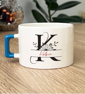 Kişiye Özel Ayçiçek K Harfli Hediye Lüks Fincan İsme Özel İsimli Yazılı (Mavi)