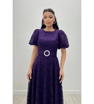 Dantel Kumaş Kolları Balon Kol Maxi Elbise - PATLICAN MOR (Patlıcan Moru)