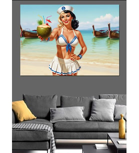 Deniz Kenarında Kokteyl Ve Pin-Up Kız Dekoratif Kanvas - Mdf Ahşap Tablo