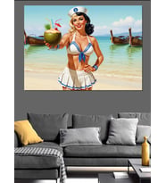 Deniz Kenarında Kokteyl Ve Pin-Up Kız Dekoratif Kanvas - Mdf Ahşap Tablo