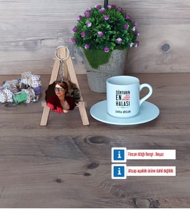 Halaya Hediye Türk Kahvesi Fincanı Ahşap Altlıklı ve Fotoğraflı Ahşap Anahtarlık Hediye (Model 2)