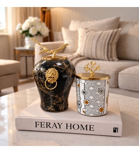 Dekoratif Obje Aslanlı Şah Siyah Mermer Silindir Hasır Desen Gold - Feray Home