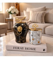 Dekoratif Obje Aslanlı Şah Siyah Mermer Silindir Hasır Desen Gold - Feray Home