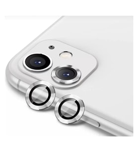 Apple iPhone 11 Kamera Koruyucu Lens Mercek Metal Çerçeveli 2li Set Gümüş Gri-Silver